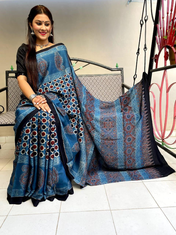 Half and Half Designer Ajrakh Saree on Modal Silk - Cherriscope