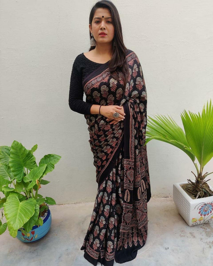 Ajrakh Saree on Modal Silk - Cherriscope