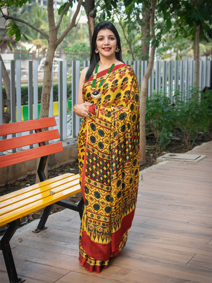 Ajrakh Print Saree on Modal Silk (Pre-Order) - Cherriscope