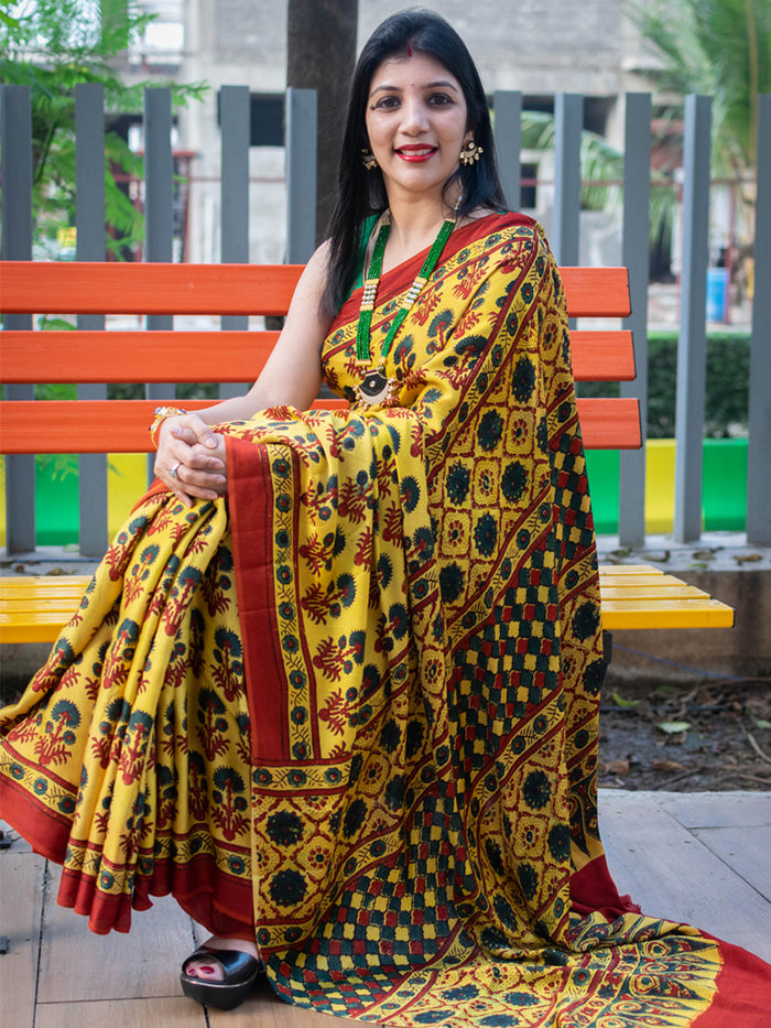 Ajrakh Print Saree on Modal Silk (Pre-Order) - Cherriscope