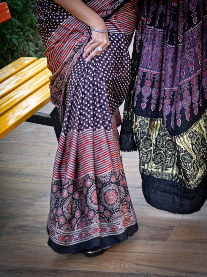 Ajrakh Print Saree on Modal Silk with Zari Pallu - Cherriscope