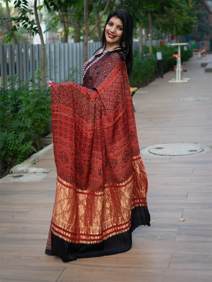 Ajrakh Print Saree on Modal Silk with Zari Pallu - Cherriscope