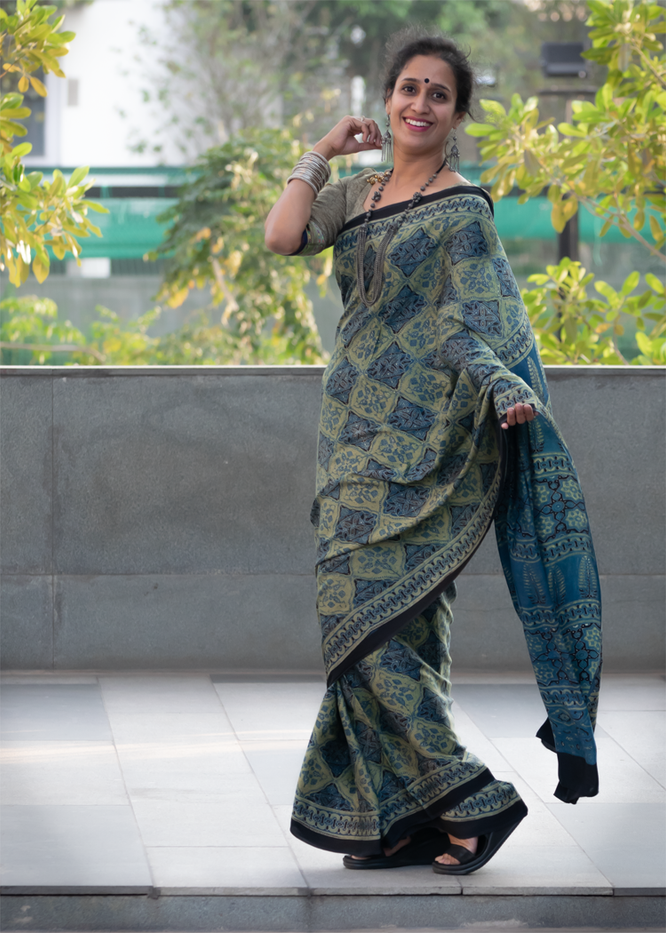 Ajrakh Saree on Modal Silk (Pre-Order) - Cherriscope