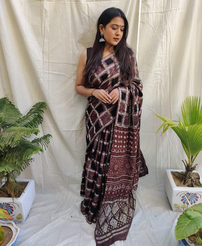 Coffee Color Gharchola Saree with Ajrakh hand block Print - Cherriscope