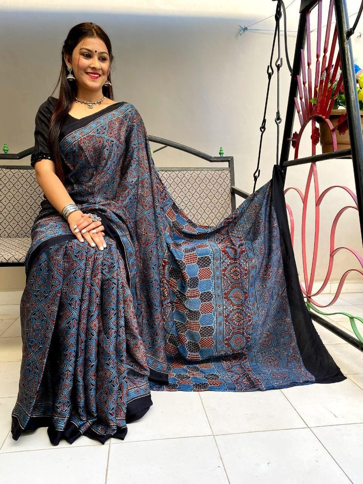Blue Ajrakh Saree on Modal Silk - Cherriscope