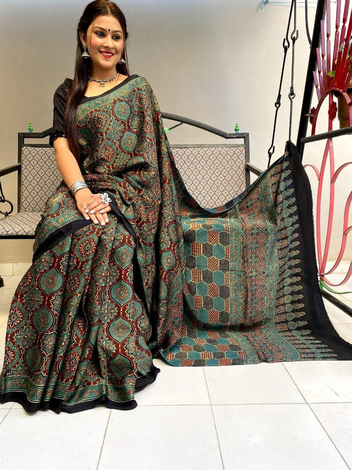 Maroon Green Ajrakh Saree on Modal Silk - Cherriscope