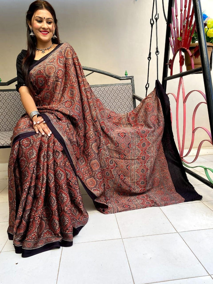 Brick Color Ajrakh Saree on Modal Silk - Cherriscope