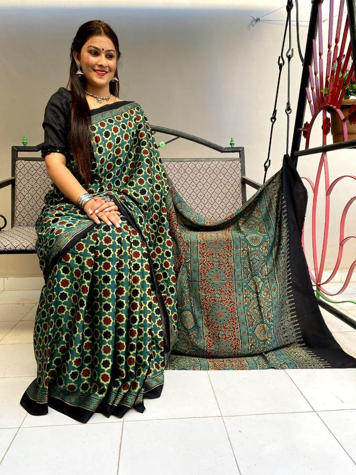 Green Ajrakh Saree on Modal Silk - Cherriscope