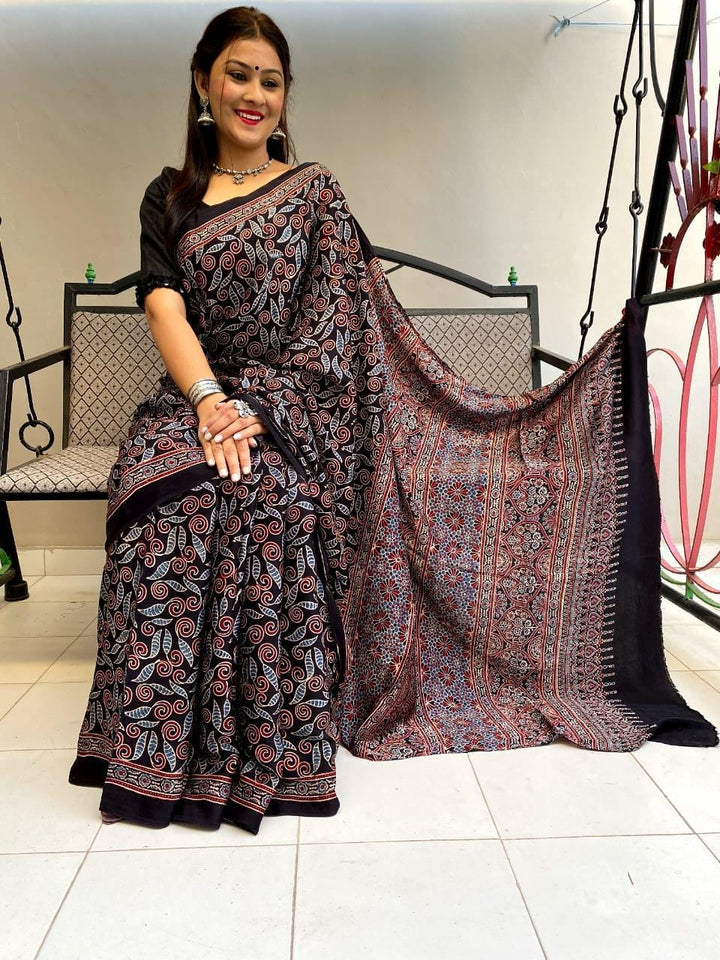 Black Ajrakh Saree on Modal Silk - Cherriscope