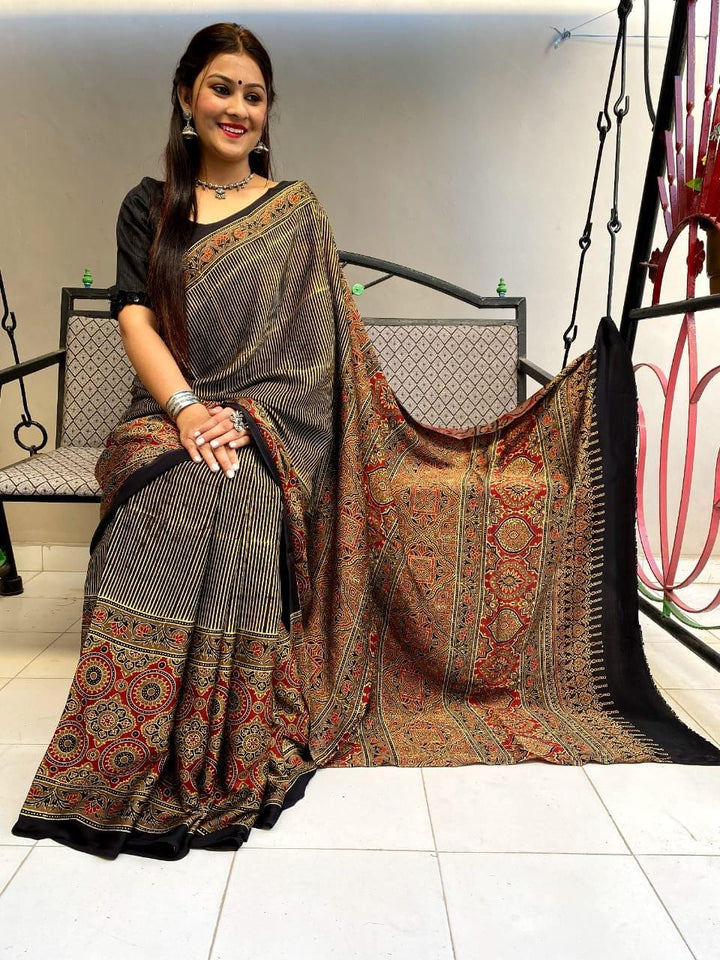 Half and Half Designer Ajrakh Saree on Modal Silk - Cherriscope
