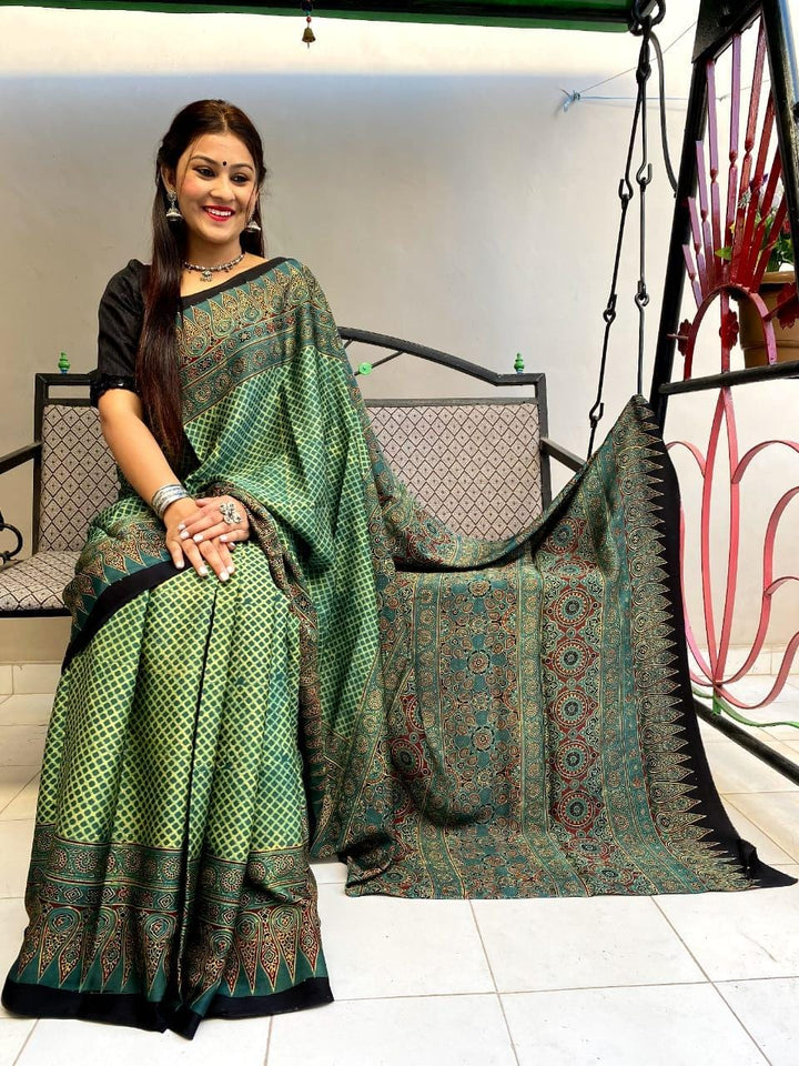 Green Designer Ajrakh Saree on Modal Silk - Cherriscope