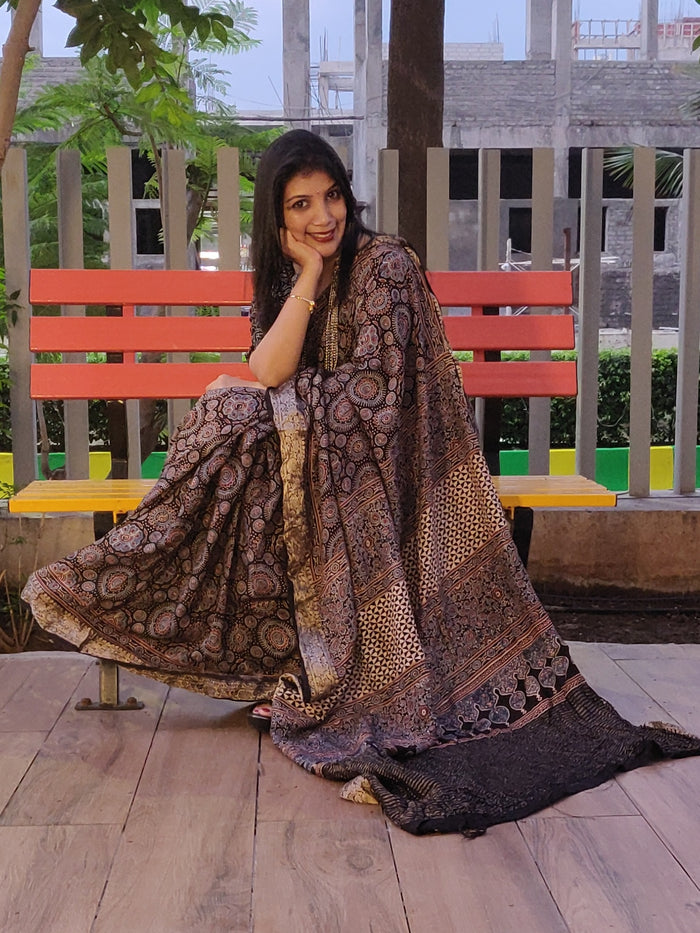 Ajrakh Print Saree on Dola Silk (Pre-Order) - Cherriscope