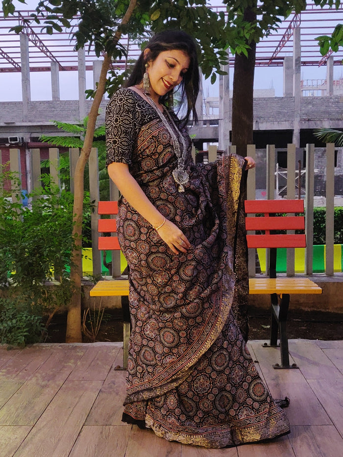 Ajrakh Print Saree on Dola Silk (Pre-Order) - Cherriscope